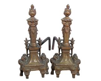 #144 • Pair Antique French Solid Brass Fireplace Andirons
