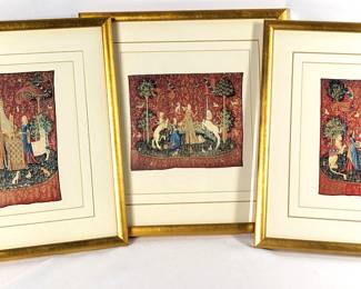 #143 • Three Framed "Lady and the Unicorn" Prints - Medieval Tapestries
