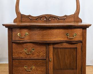 #15 • Antique Oak Washstand with Harp Shape Towel Rack
