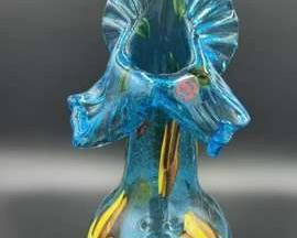 17 Turquoise Ruffled Hand Blown Glass Vase