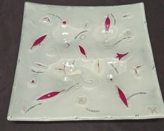 Vintage Signed Fused Glass Plate With Feet 