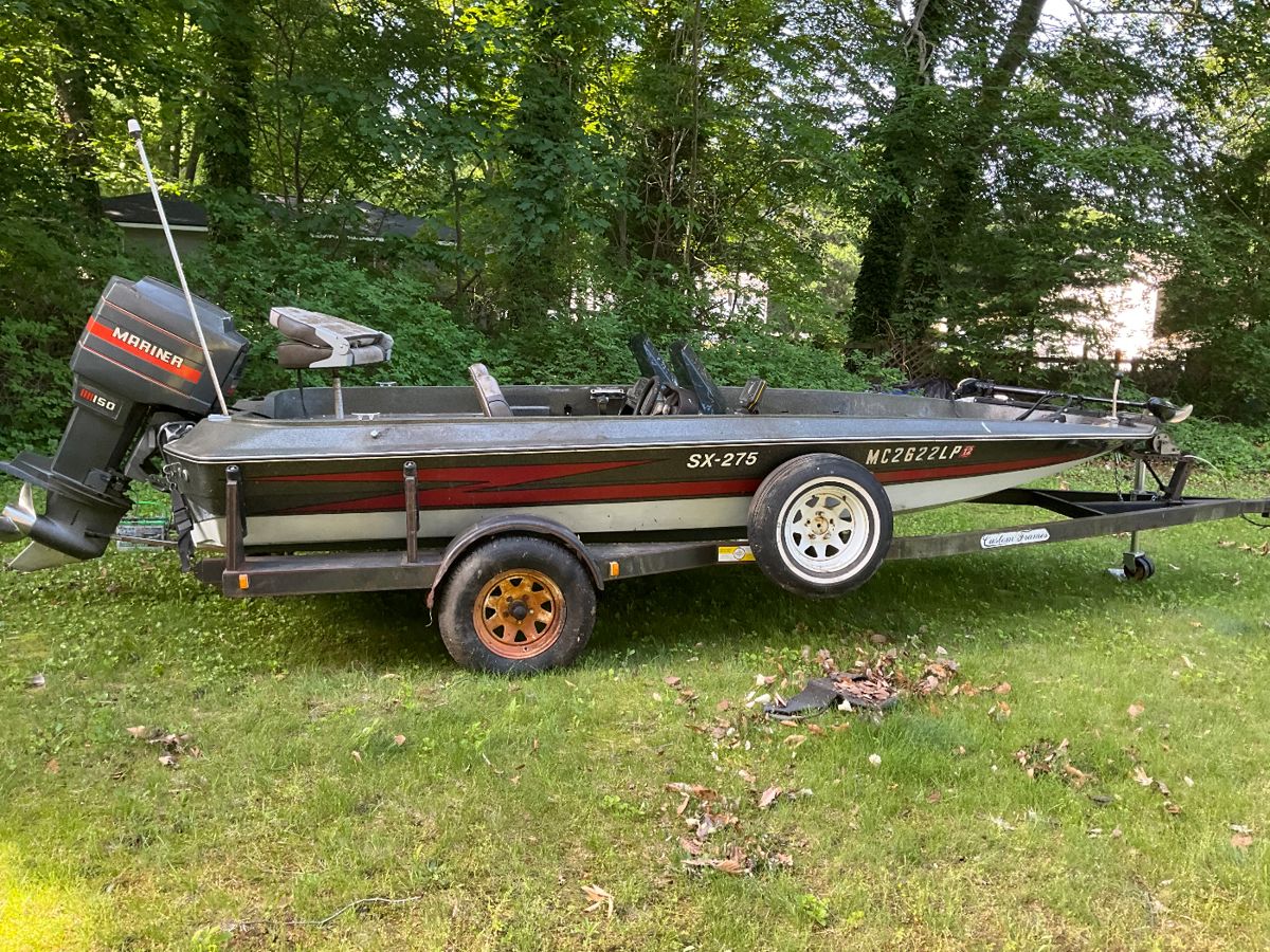 Bass boat & trailer dug out of wooded backyard. Mariner 150 and trolling motor. Selling as is. Seats are critter damaged as it has been unused in approx 10 years.