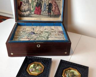 Stone Inlay Wood Box With Tray Lined With Victorian Drawings, And , And Framed 5" x 5" Victorian Scenes, Qty 2