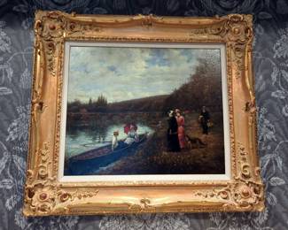 Oil Painting Of European Boat Scene, Signed "Lowe" In Gesso Frame, 32" x 29"