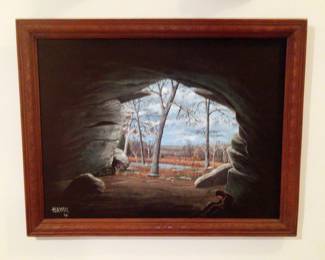 Native American Man In Cave Oil Painting On Board, Signed "Hawk 93" In Etched Wood Frame, 21" x 27", Signed