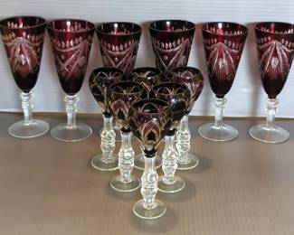 Cranberry And Clear Glass Stemware Set, Qty 12