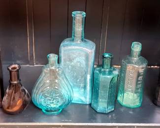 Apothecary Glass Bottles, Qty 7, Various Sizes And Styles
