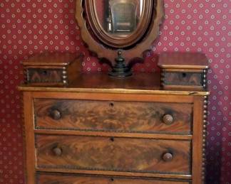 Antique 3-Drawer Dresser With Oval Mirror And 2 Glove Drawers, 71" x 41" x 19.5"