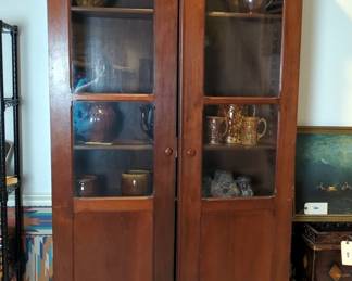 Antique Arched Top Display Cabinet With Glass Doors And 2 Bottom Drawers, 88" x 42" 13"