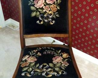 Rocking Chair With Carved Rose Motif, Needlepointed Back And Seat, 38" x 19" x 30", Includes Footstool, 7" x 14" x 16"