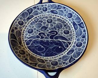 Mexican Handpainted Pottery Handled Tray, 13" Diameter