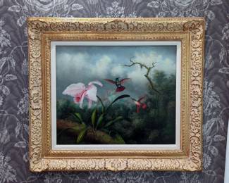 Hummingbird Oil Painting On Canvas, Signed "Redmond", In Gesso Frame, 36" x 30"
