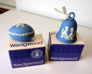 Wedgwood 1971 Black Basalt Mother Plate, July 1981 Charles And Diana Royal Wedding Loop Handle Bell, Jasper Pale Blue Easter Egg, And Don Decanters, Qty 2