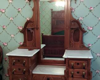 Antique Victorian Marble Drop Top Dresser With Glass Tear Drop Drawer Pulls And Mirror, 57.5" x 22" x 90"
