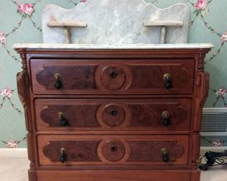 Victorian Marble Top 3 Drawer Wash Stand With Decorative Glass Drawer Pulls, 37" x 19.5" x 41"