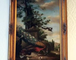 Peacocks Feeding Oil Painting On Canvas In Gesso Frame, Signed "Byron", 31" x 43"