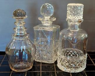 Glass Decanters With Stoppers, Qty 3, Measurements 9", 9.5" And 10"