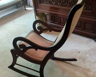 Upholstered Rocking Chair With Carved Floral Crown, 18" x 34" x 39.5"