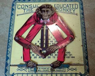 Antique Tin Litho Consul The Educated Monkey Multiplication Calculator, Pat. June 27 1916 and Nov 26 1918