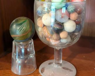 Stone And Glass Marble Collection, Some Antique, Contents Of One Goblet And One Large Marble On Display Holder