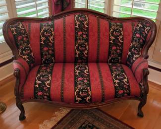 Curved Back Settee With Carved Feet, 34.5" x 56" x 29"