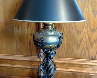 Wrought Iron Table Lamp With Brass Oil Vessel, 32" Tall, Powers On