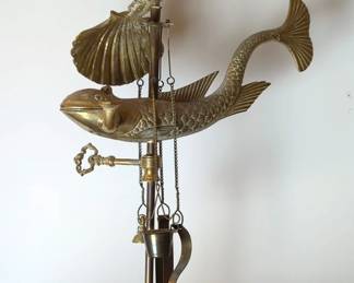 Antique Italian Brass Fish Whale Mermaid 21" Lucerne Oil Lamp with Accessories