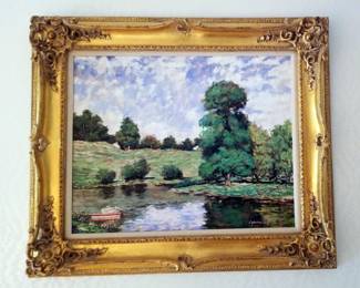 Pond Landscape Oil Painting On Canvas In Gesso Frame, Artist Signature Illegible, 40.5" x 34.5"