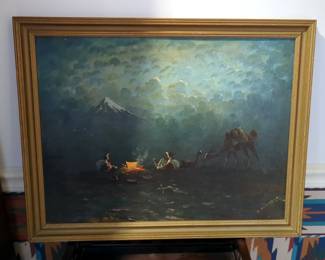 Hector Moncayo (Mexican/Ecuador, 1895-1984) "Campfire Landscape" Oil Painting On Canvas, Signed And Framed, 24.5" x 19.5"