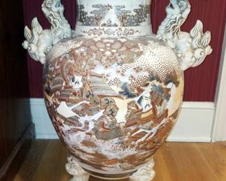 Japanese Three-Footed Porcelain Urn With Foo Dog Handles, 22.5" H x 19" W