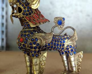 Tibetan Brass Wire Foo Dogs Inlayed With Coral And Turquoise, 4.5" And 3.5", And Peruvian Bronze And Copper 3.5" Church With Bells