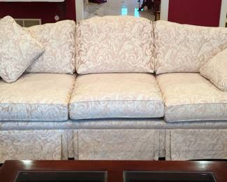 Ethan Allen Upholstered 3-Cushion Sofa With Rolled Arms, Floor Skirt, And Throw Pillows, Qty 2, 31" x 87" x 36"