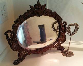 Victorian Style Vanity Mirror, 13" x 16", And Photo/Place Card Holder, 9"
