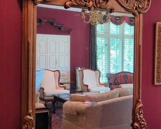 Elaborately Carved Wood Framed Buffet Mirror, 93" x 29"