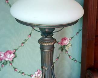 Candlestick Table Lamp With Milk Glass Shade And Clear Glass Hurricane Chimney, 28" Tall, Powers On