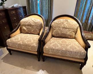 $1950 Pair of Oversized Armchairs with Custom Pillows in a Yellow Damask Fabric Price $1950- Available for presale starting today.