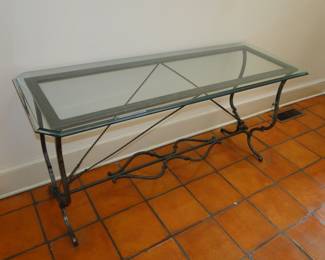 Glass and Metal entry table 56 1/4x20 1/2x27" tall. $200