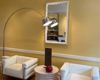 Villa Vici Cora Ave standing lamp on marble base❤️
Design within Reach pair of white leather Grand Modele armchairs. 
Oly cocktail table 