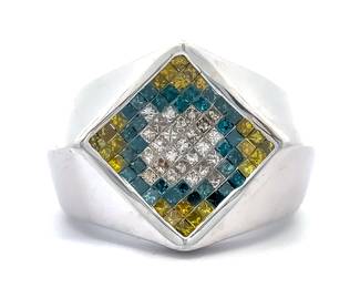 Men's Designer JOE RODEO 2.00 Carat Fancy Color & White Natural Diamond Concave Square Top Ring in HEAVY 18.50 Grams of 14k White Gold; $6,250 *VIDEO*