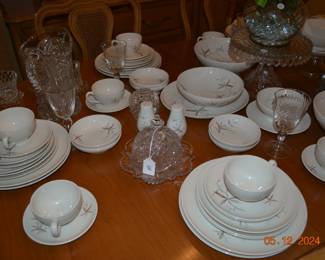 Large set of Vintage Mid Century China - Carefree True China from Syracuse, NY - Made in the USA - Finess Pattern - crystal, cut class and glassware