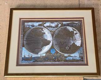 #2612 • Vintage Framed Foil Map of the World by Intercraft Industries
