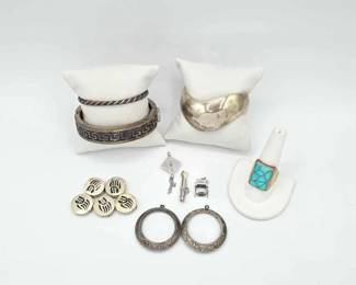 #916 • Sterling Silver Cuff Bracelets, Pendants, Buttons and Ring with Turquoise, 143.58g
