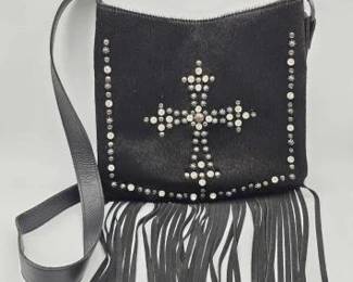 #1814 • Shyanne Black Leather and Cowhide Cross Body with Studded Cross & Black Leather Fringe
