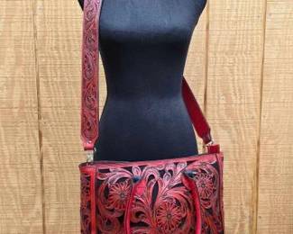#1806 • Vibrant Red Leather Floral Pattern Virginia Tote Bag
