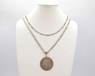 #904 • (2) Sterling Silver Chain Necklaces with 1921 Morgan Silver Dollar Pendant, 89.71g
