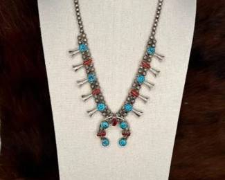 #718 • Native American Sterling Silver Turquoise & Coral Squash Blossom, 68g
