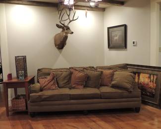 Wonderful Upholstered Sofa, (please note the Deer Mount in this photo is not for sale), Side Table (one of two)