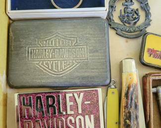 Harley davidson items, collectible knives, and a sterling Reed and Barton knife keychain