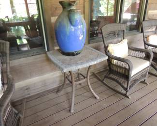 Large Glazed Terra Cotta Teardrop Fountain - Mediterranean Blue & Metal Table with Tile Motif Top