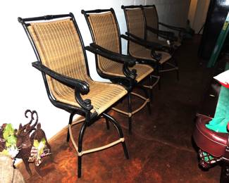Set of 4 Wicker and Iron Tall Swivel Chairs,